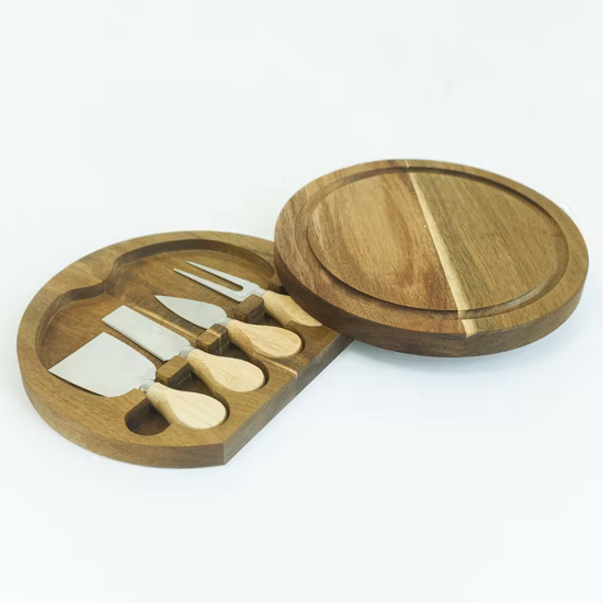 Swivel Small Round Wooden Cheese Board Charcuterie Board with 4 Knives