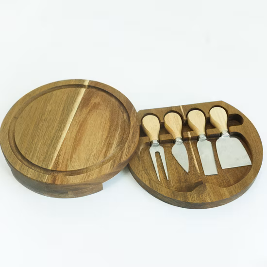 Swivel Small Round Wooden Cheese Board Charcuterie Board with 4 Knives